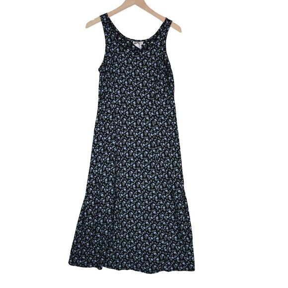 Vintage 90s Dainty Floral Petite Black Blue Floral Midi Dress Sz 10 Sleeveless - Picture 3 of 6